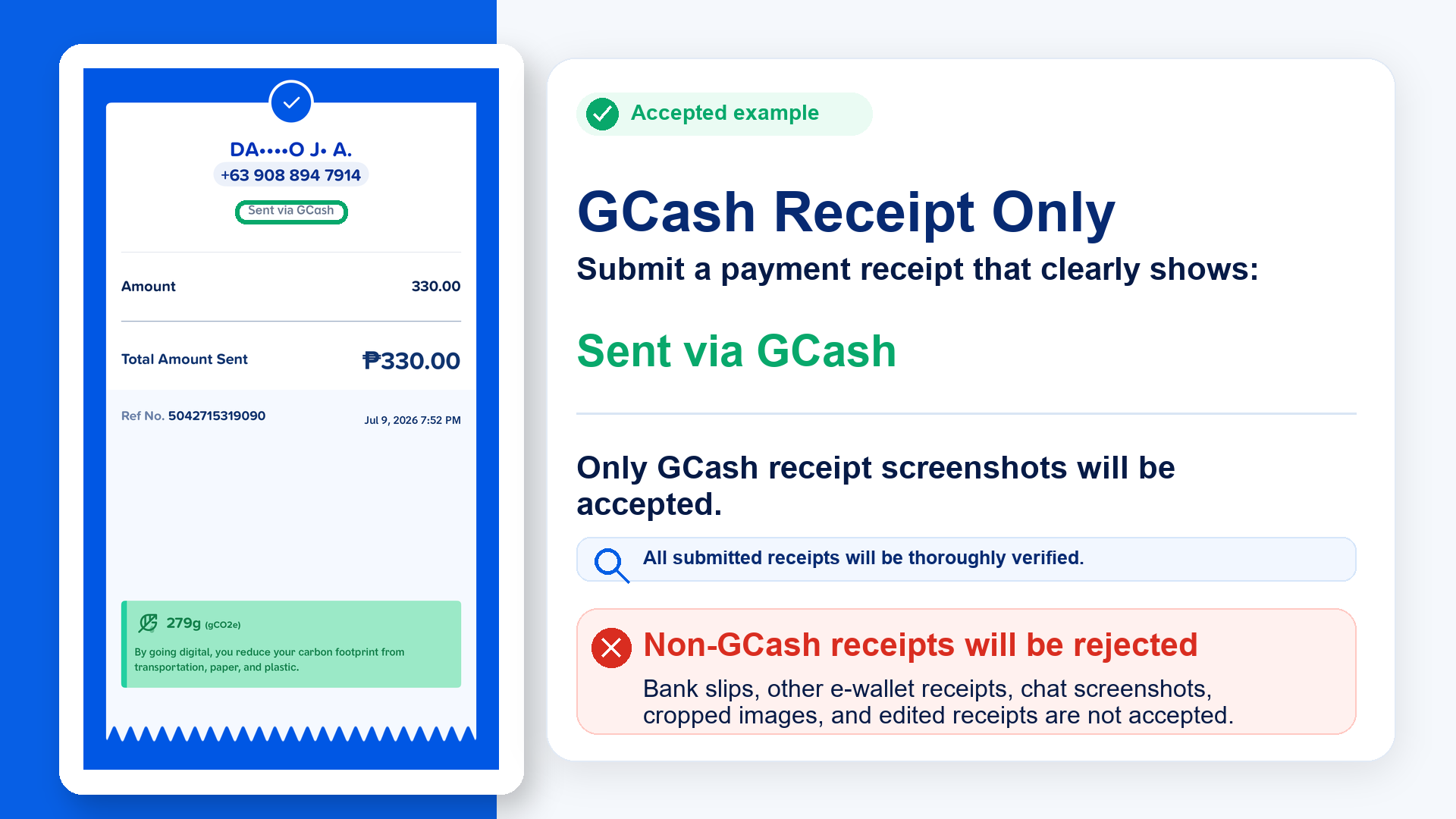 Accepted GCash receipt example and rejected receipt warning